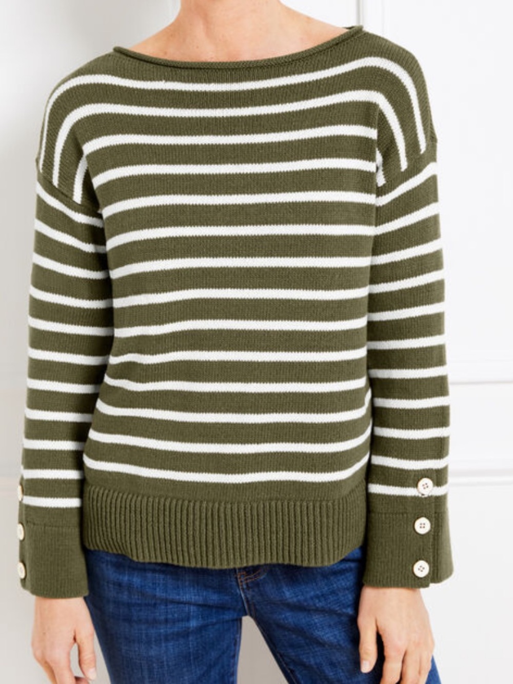 Talbots Bateu Neck Striped Sweater Olive Green and White Size Large Petite